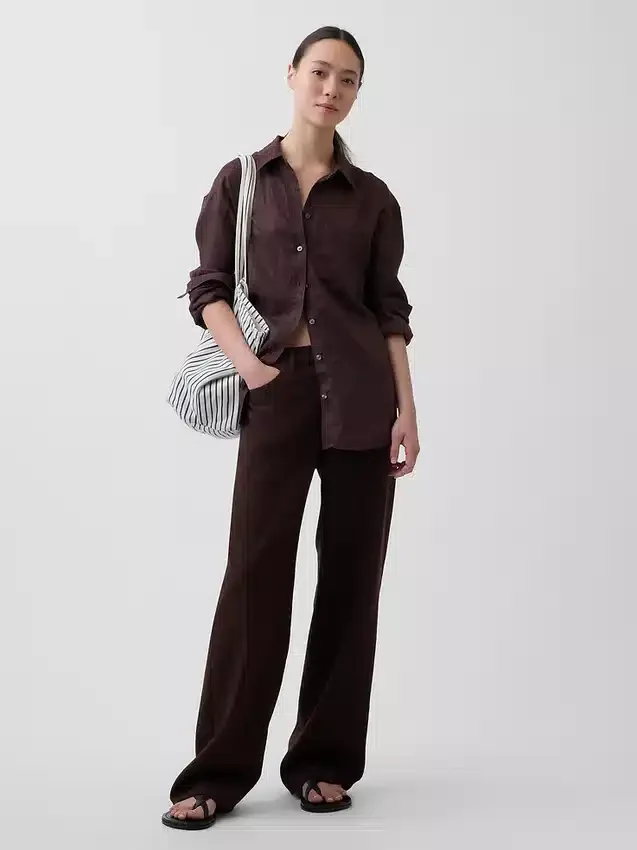 Pantaloni a gamba larga in misto lino e cotone