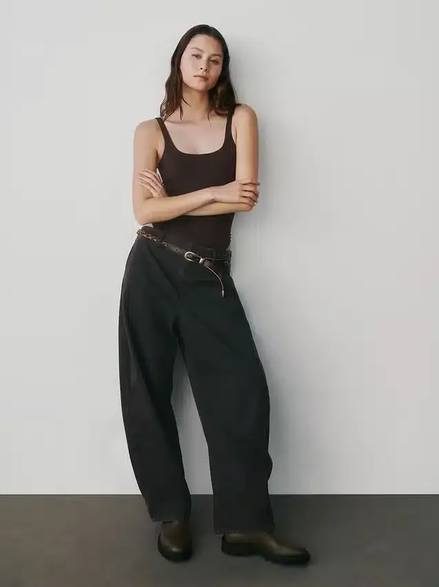 Pantaloni a gamba larga in twill a vita media