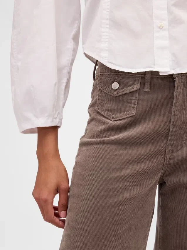 Pantaloni a gamba larga in velluto a coste a vita alta