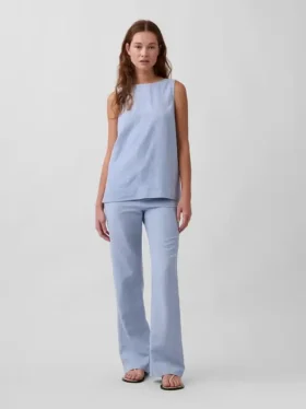 Pantaloni a zampa in misto lino a vita bassa
