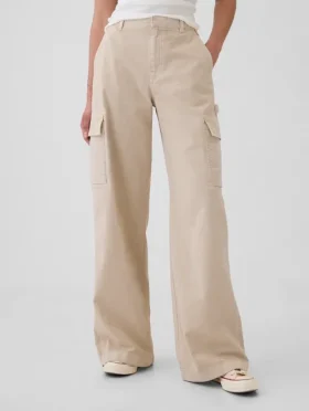 Pantaloni cargo larghi color cachi a vita media