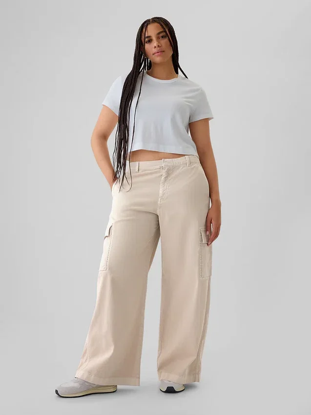 Pantaloni cargo larghi color cachi a vita media