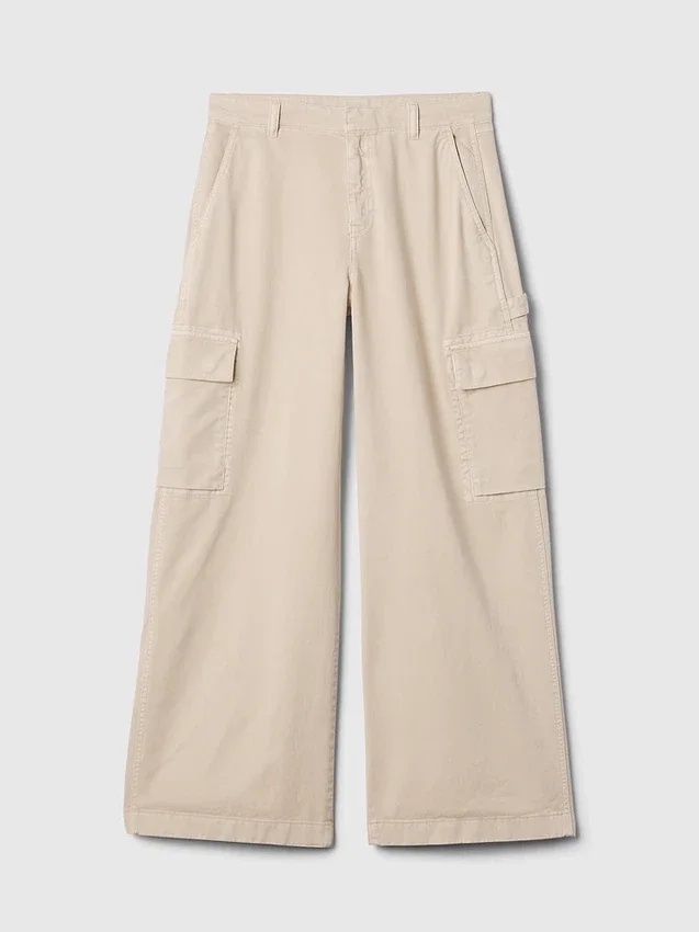 Pantaloni cargo larghi color cachi a vita media