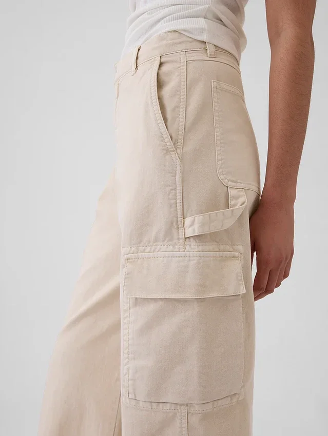Pantaloni cargo larghi color cachi a vita media