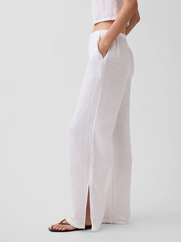 Pantaloni comodi in garza di cotone con orlo a spacco