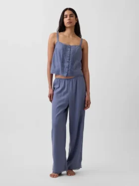 Pantaloni da pigiama in misto lino con orlo in pizzo