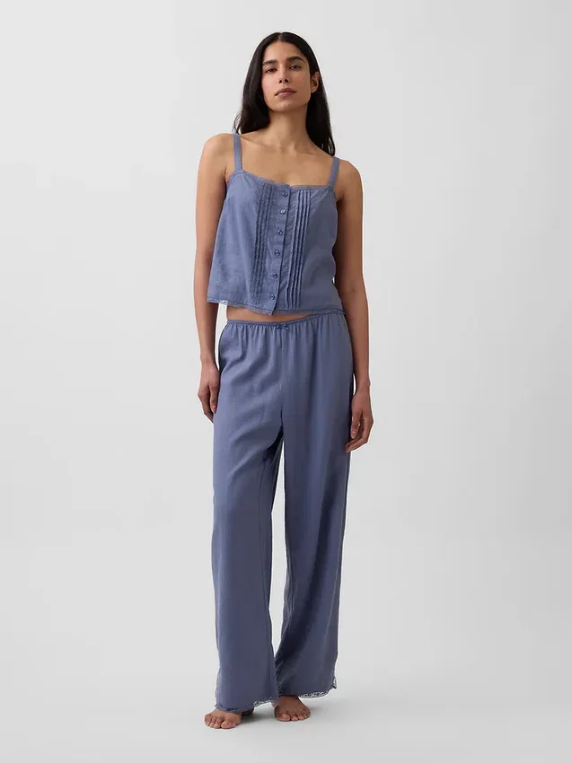 Pantaloni da pigiama in misto lino con orlo in pizzo
