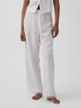 Pantaloni da pigiama in misto lino con orlo in pizzo