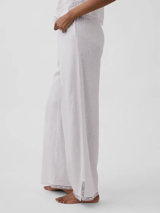 Pantaloni da pigiama in misto lino con orlo in pizzo