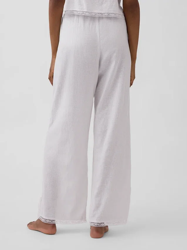 Pantaloni da pigiama in misto lino con orlo in pizzo
