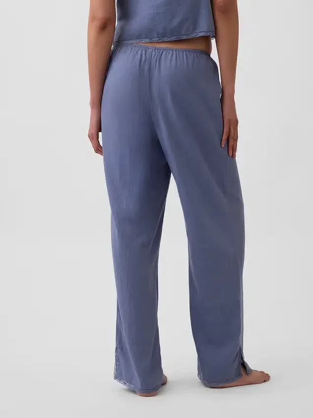 Pantaloni da pigiama in misto lino con orlo in pizzo