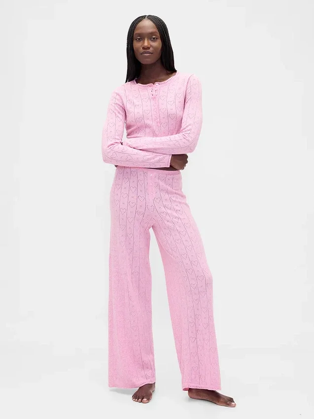 Pantaloni da pigiama leggeri CashSoft con motivo a cuori in maglia pointelle