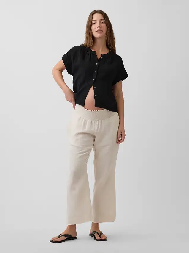 Pantaloni premaman in garza di cotone con pannello intero