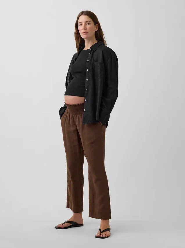 Pantaloni premaman in garza di cotone con pannello intero
