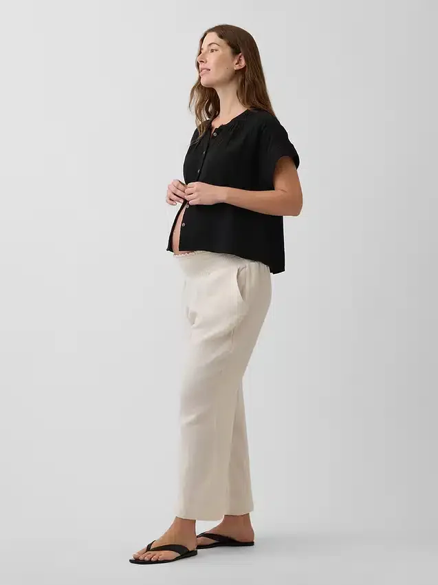 Pantaloni premaman in garza di cotone con pannello intero
