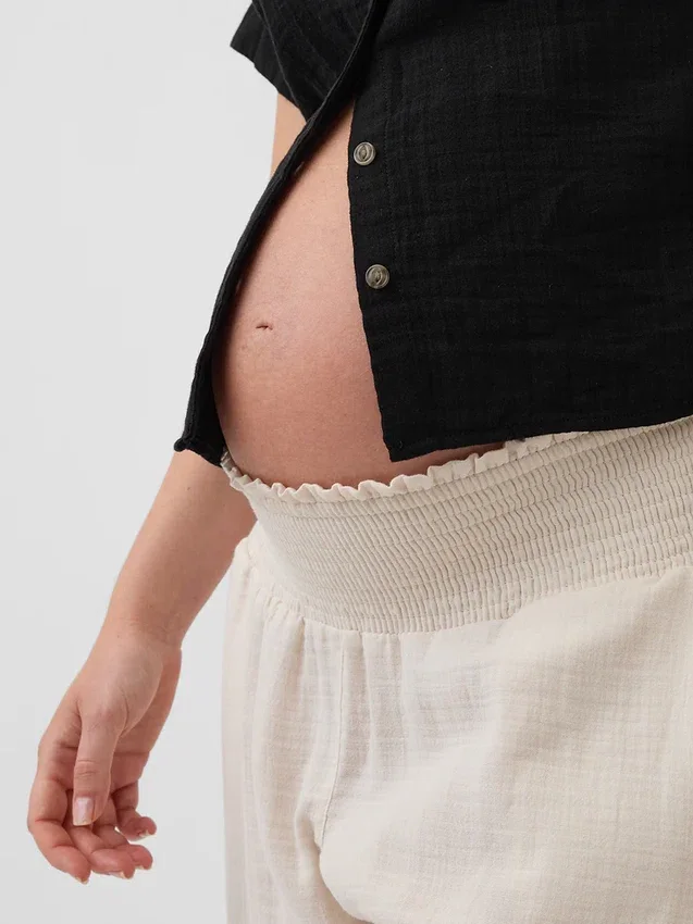 Pantaloni premaman in garza di cotone con pannello intero