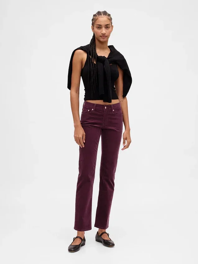 Pantaloni slim dritti in velluto a coste a vita bassa in stile anni ’90