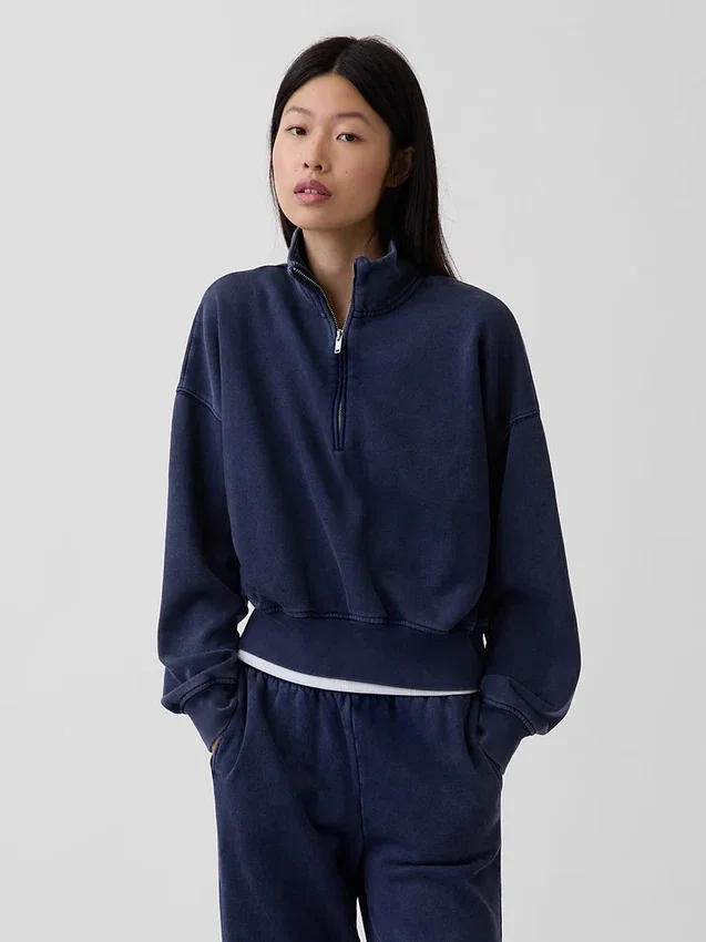 Pullover oversize Vintagesoft con mezza zip e scollo a V