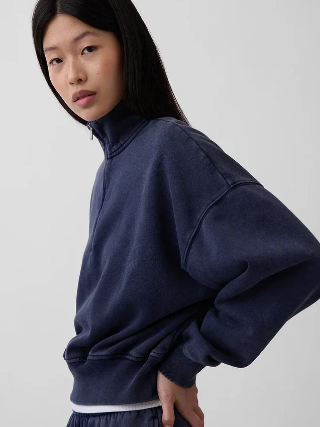 Pullover oversize Vintagesoft con mezza zip e scollo a V