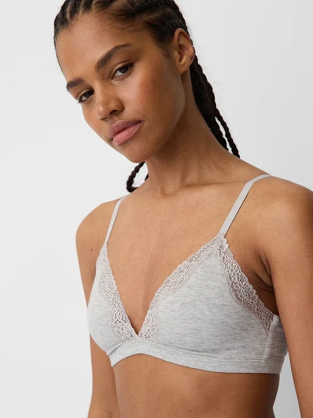 Reggiseno a triangolo in cotone elasticizzato biologico con bordi in pizzo