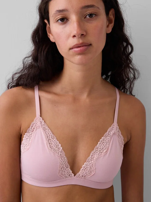 Reggiseno a triangolo in cotone elasticizzato biologico con bordi in pizzo