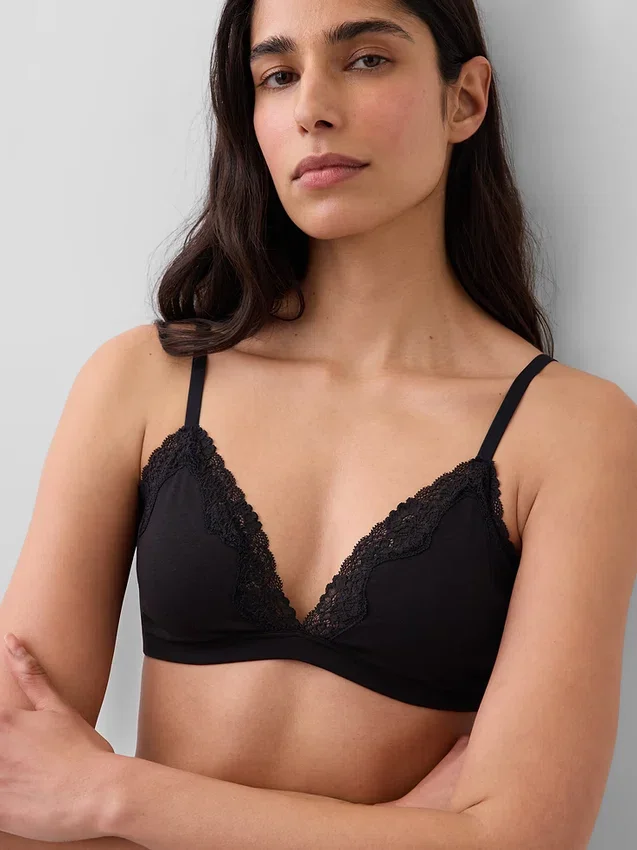 Reggiseno a triangolo in cotone elasticizzato biologico con bordi in pizzo