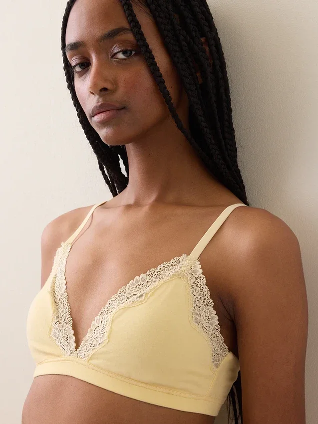 Reggiseno a triangolo in cotone elasticizzato biologico con bordi in pizzo