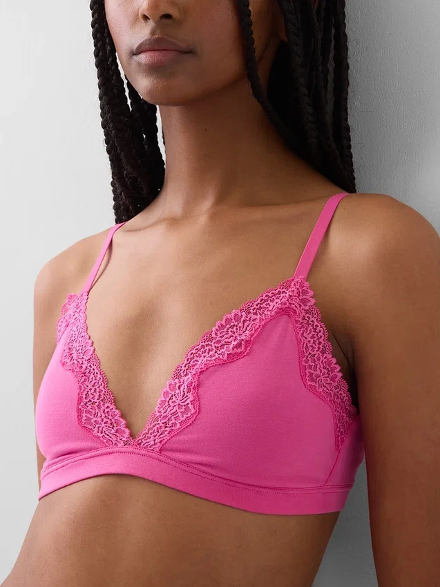 Reggiseno a triangolo in cotone elasticizzato biologico con bordi in pizzo