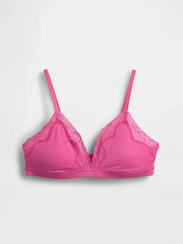 Reggiseno a triangolo in cotone elasticizzato biologico con bordi in pizzo