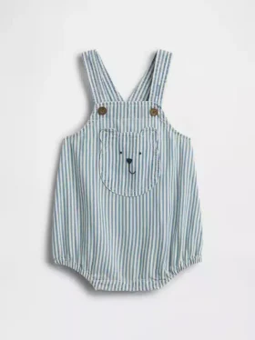 Salopette a palloncino in denim a righe con tasca a forma di orsetto