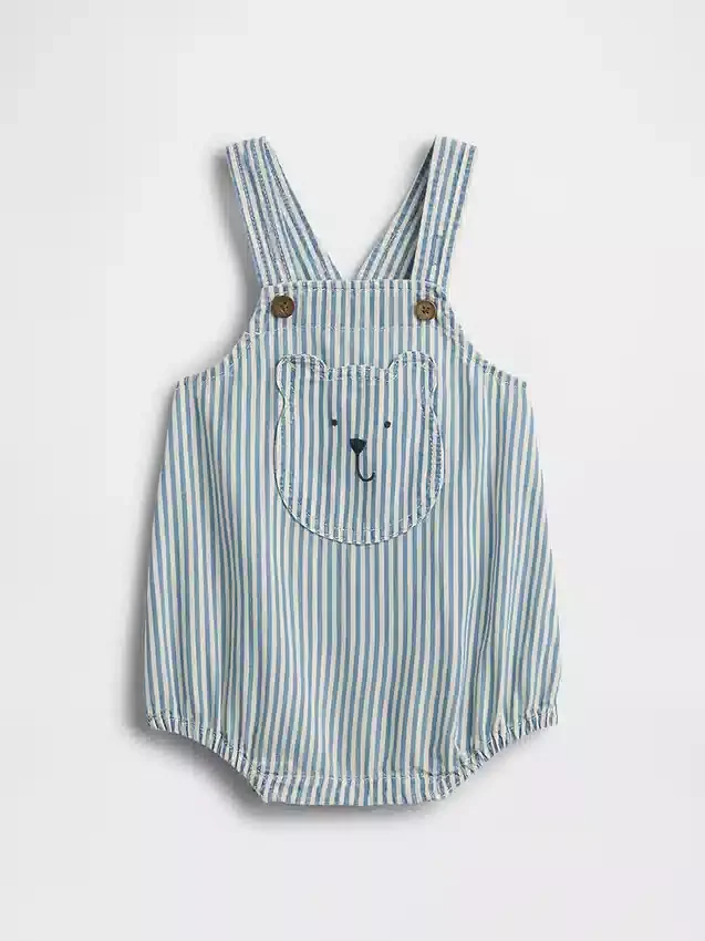 Salopette a palloncino in denim a righe con tasca a forma di orsetto