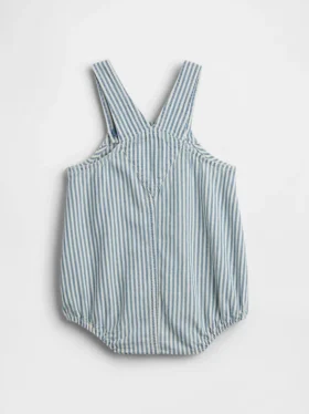 Salopette a palloncino in denim a righe con tasca a forma di orsetto