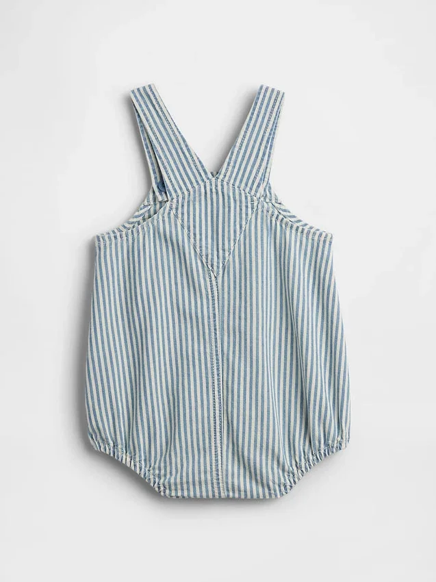 Salopette a palloncino in denim a righe con tasca a forma di orsetto