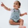 Salopette a palloncino in denim a righe con tasca a forma di orsetto