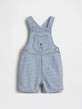 Salopette corta da neonato in denim a quadretti con tasca a forma di orsetto