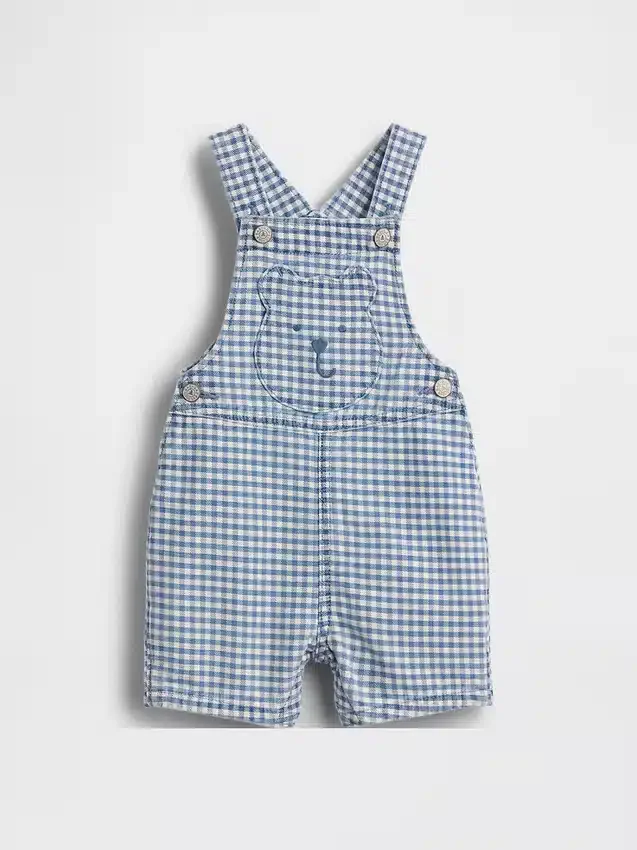 Salopette corta da neonato in denim a quadretti con tasca a forma di orsetto
