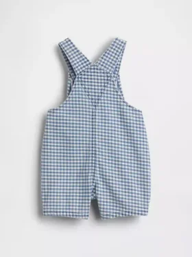Salopette corta da neonato in denim a quadretti con tasca a forma di orsetto