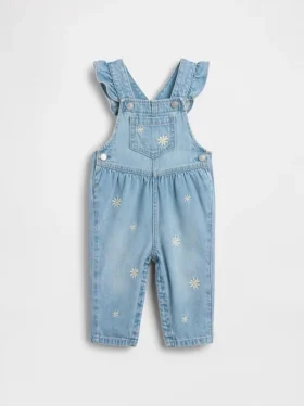Salopette in denim con motivi floreali ricamati per neonati