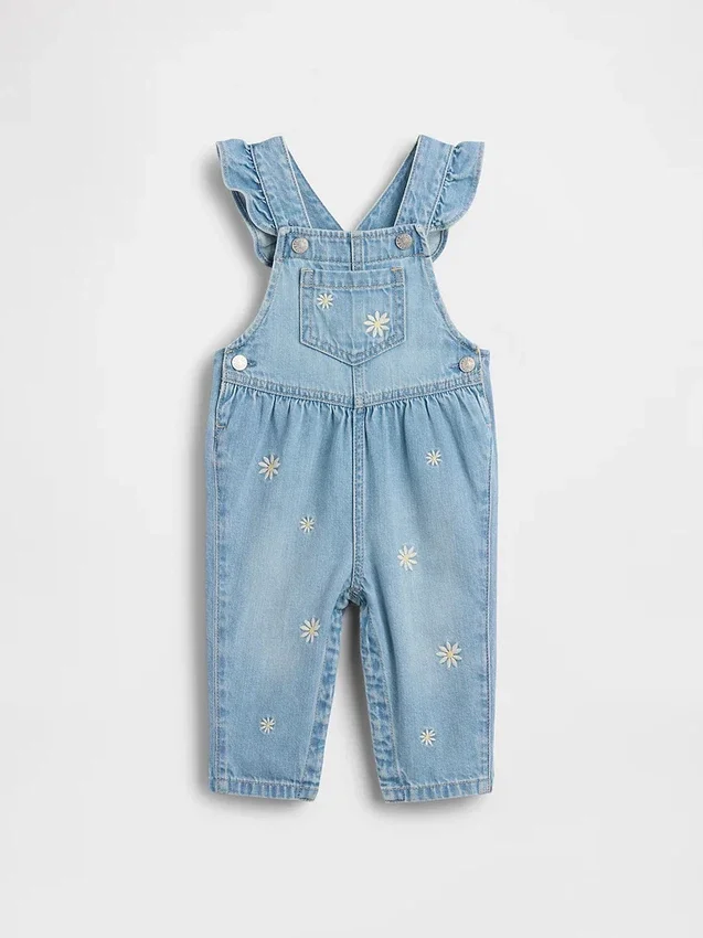 Salopette in denim con motivi floreali ricamati per neonati