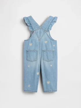 Salopette in denim con motivi floreali ricamati per neonati