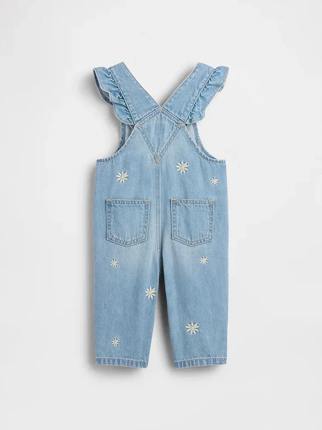 Salopette in denim con motivi floreali ricamati per neonati