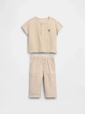 Set con maglietta Henley in garza di cotone per neonati