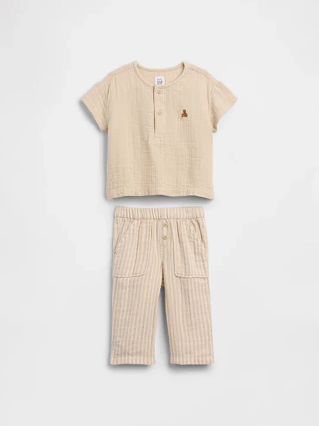 Set con maglietta Henley in garza di cotone per neonati