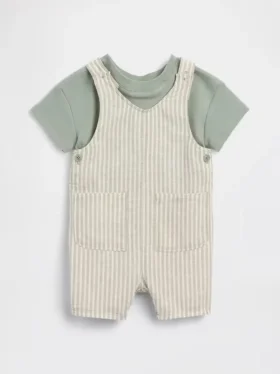 Set con salopette corta in misto lino e cotone per neonati