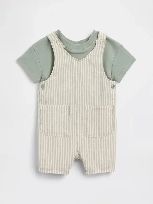 Set con salopette corta in misto lino e cotone per neonati