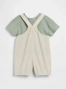 Set con salopette corta in misto lino e cotone per neonati