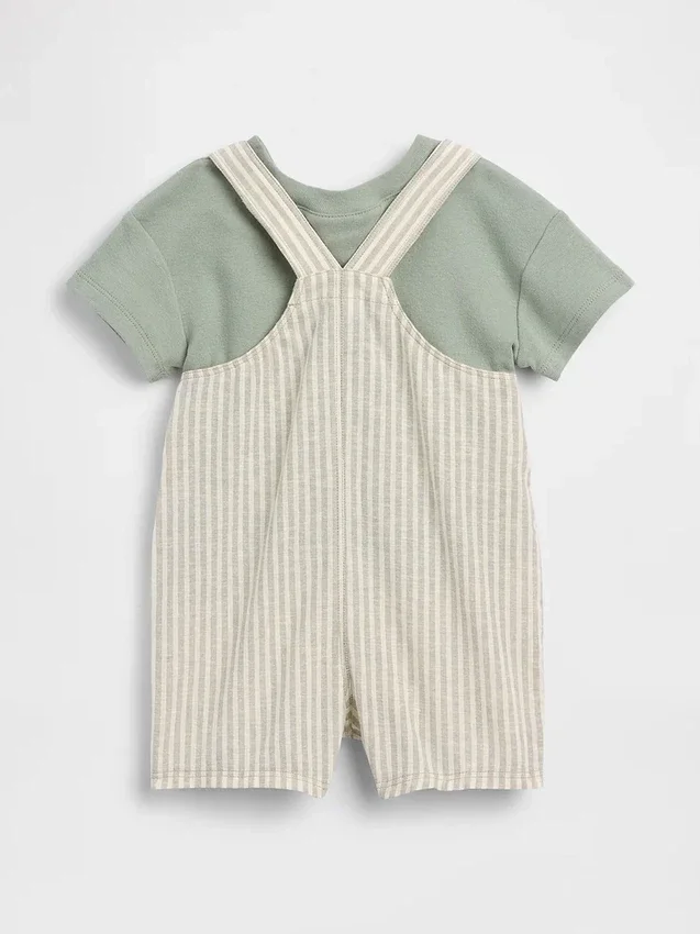 Set con salopette corta in misto lino e cotone per neonati