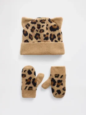 Set di berretto e guanti CashSoft con motivo leopardo per neonato & bebè