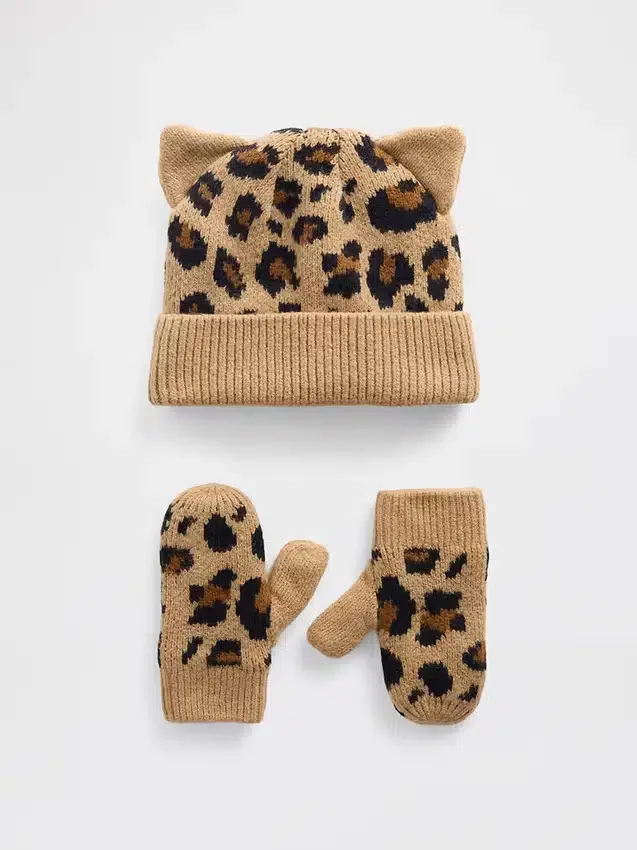 Set di berretto e guanti CashSoft con motivo leopardo per neonato & bebè