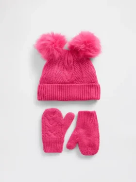Set di berretto e guanti con pompon a trecce per Neonato & Bebè